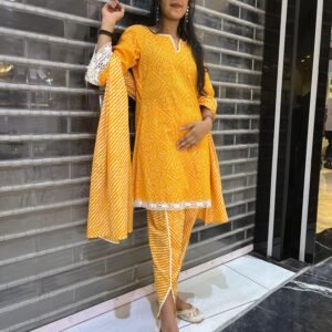 A-Line Leheriya Bandhani Kurta Dhoti Cotton Set