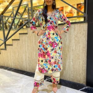 Print Cotton Kurta and Palazzo Featuring Lace Details in Angrakha Style