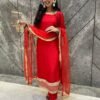 Red Vichitra silk 3pc Kurta Set For Women & Girls.