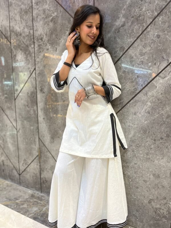 Traditional Khadi Cotton White Cord Set Kurta With Sharara Black And Silver Gota Embellishments For Women & Girls