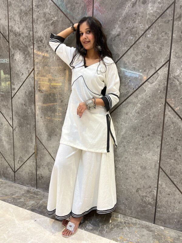 Traditional Khadi Cotton White Cord Set Kurta With Sharara Black And Silver Gota Embellishments For Women & Girls