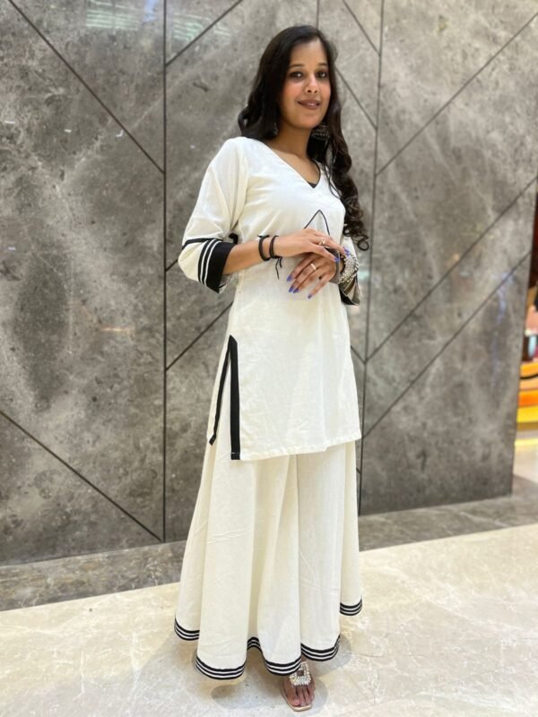 Traditional Khadi Cotton White Cord Set Kurta With Sharara Black And Silver Gota Embellishments For Women & Girls